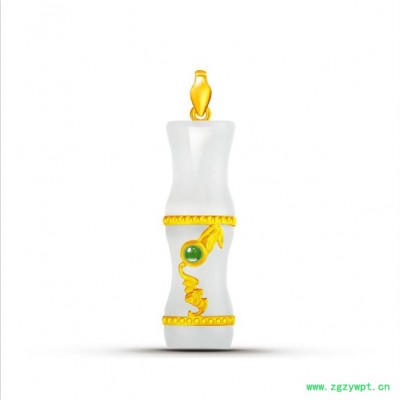 千足金 和田玉竹 节节高升吊坠批发金镶玉吊坠 恒星珠宝 金镶玉