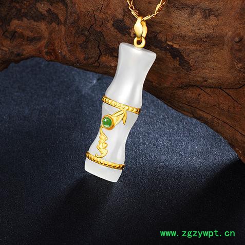 千足金 和田玉竹 节节高升吊坠批发金镶玉吊坠 恒星珠宝 金镶玉图2