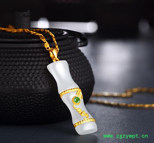 千足金 和田玉竹 节节高升吊坠批发金镶玉吊坠 恒星珠宝 金镶玉图3